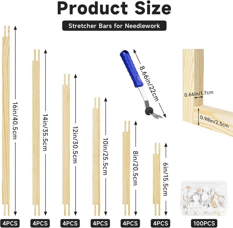 BALLMENT 24 Pcs 6 Sizes Stretcher Bars Kit with 100 Tacks & Tool, Build Frames to 16x20, for Needlepoint, Canvas, Embroidery, Cross Stitch, Tapestry - Image 3